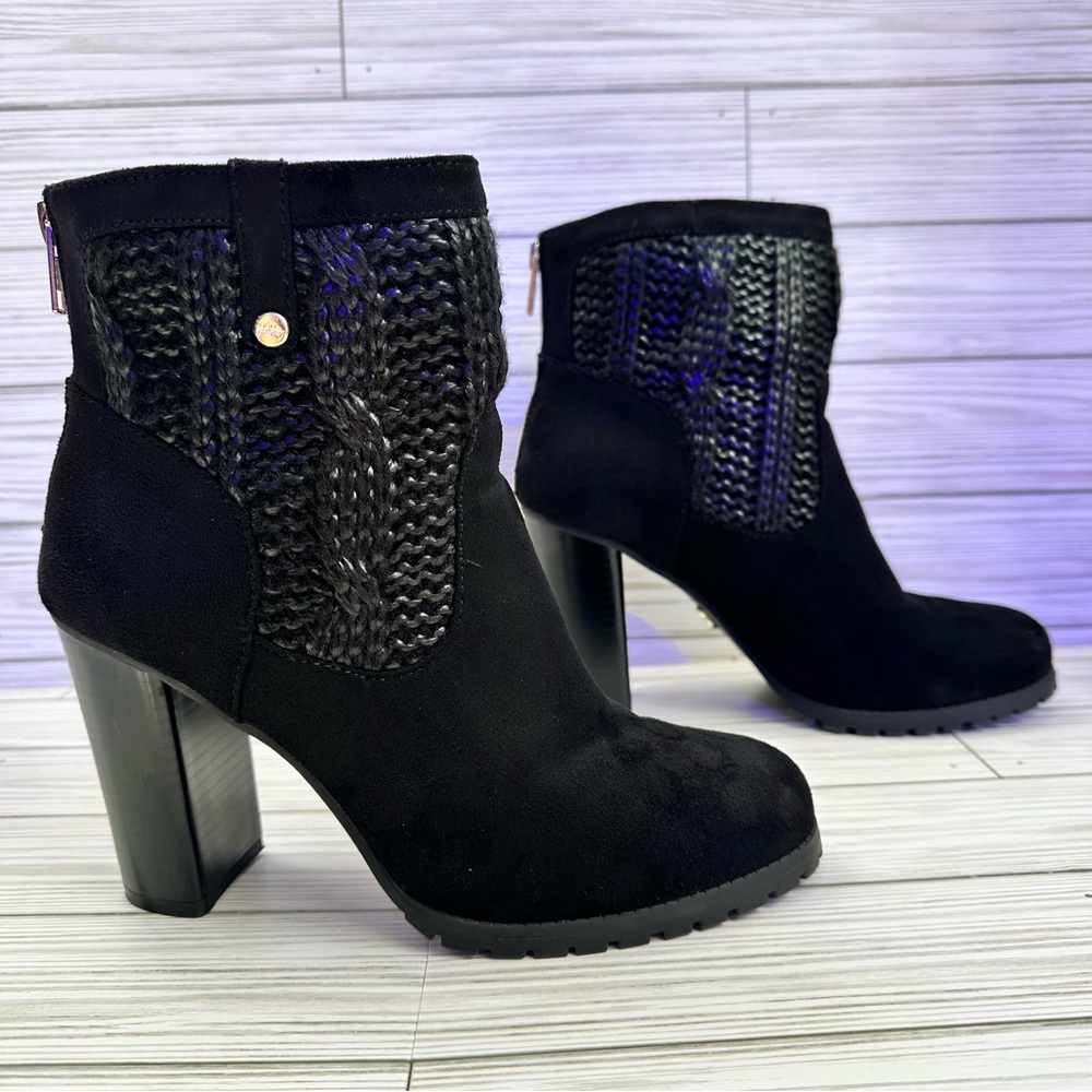 Juicy Couture Lupia Ankle Boots Size 8 Block Heel Sweater Knit Faux Zip Up